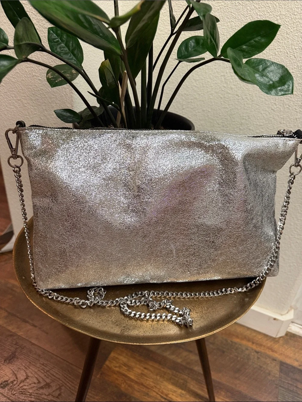 Zara Metallic Silver Foil Crossbody Bag Pearl Bumblebee Accent Cottagecore Glam